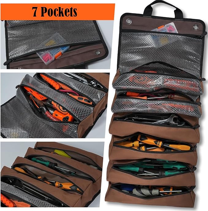 WELKINLAND Heavy-Duty Waxed Canvas Tool Roll, 7-Pockets Tool Wrap Roll, 15L Tool Roll Bag, Large Roll Up Tool Bag For Mechanics.