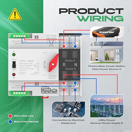 Automatic Transfer Switch 100A AC 220V, Dual Power ATS 2P Automatic/Manual Transfer Switch din Rail mounting for Home Generator, RV，Public/Backup Power Supply