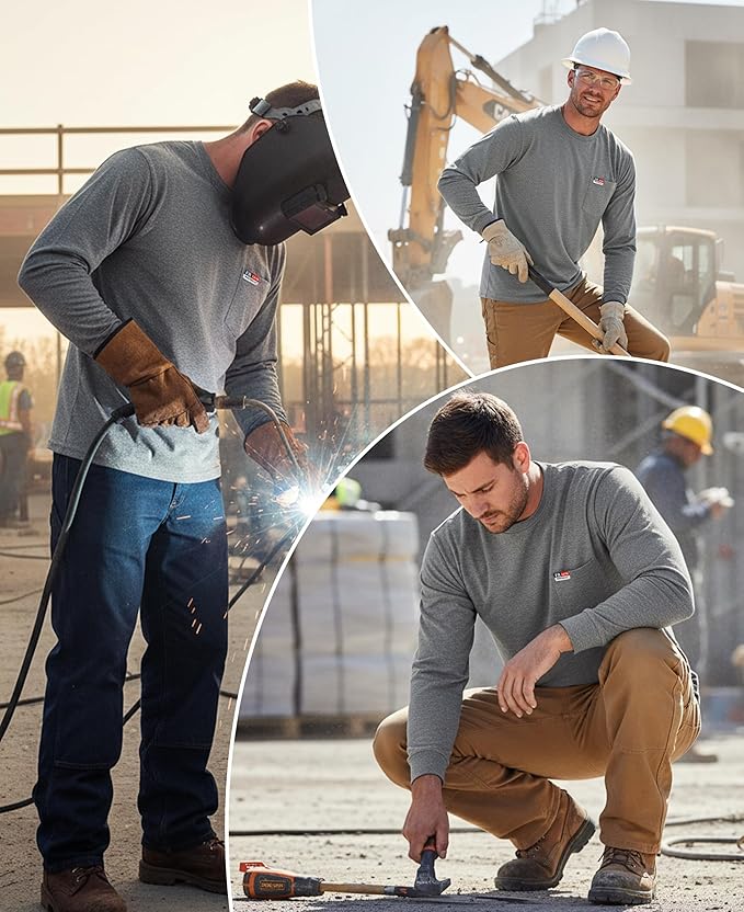 BOCOMAL Men's FR Shirts Long Sleeve Crewneck EX Soft Heather Series 6oz Midweight Flame Resistant Work T Shirt CAT2