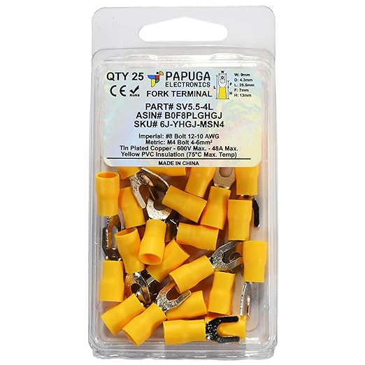 PAPUGA 25PCS 12-10 AWG (4-6 mm2) #8 / M4 Wide Version Insulated Fork Spade Crimp Connector, 600V 48A, CE RoHS Battery Cable Lug Heavy Duty Crimp Connector, Automotive Wiring