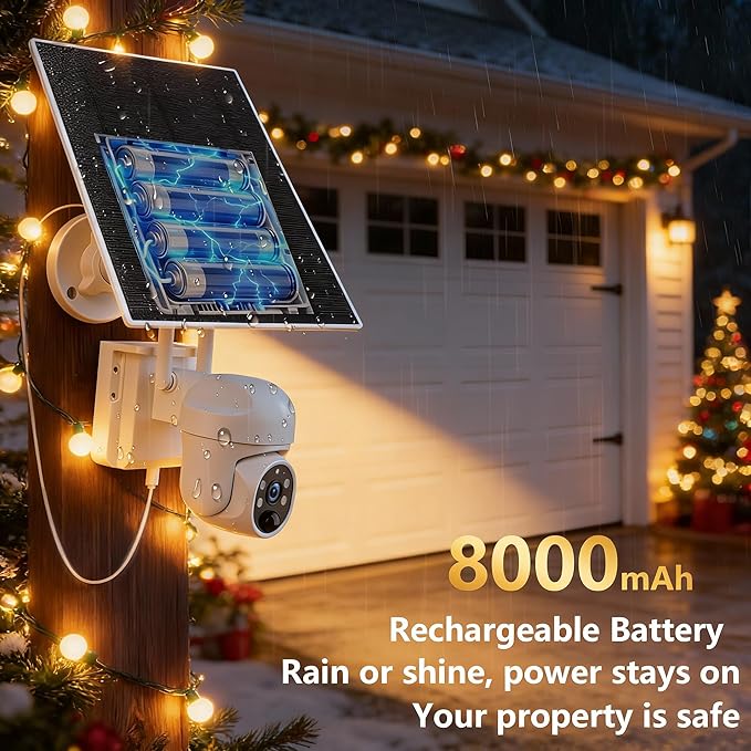 LIYVZ 5W Solar Panel for Security Camera 5V with Battery 8000mAh, 3-in-1 DC 3.5 * 1.35mm & Micro USB & USB C Solar Panel, High Efficiency ETFE Film, IP65 Waterproof, 10 Feet Cable