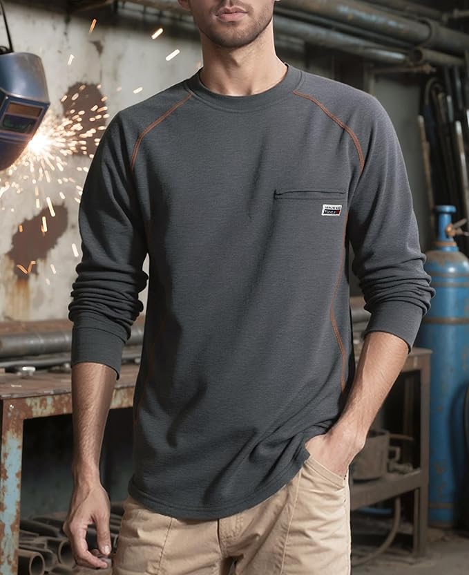 TICOMELA FR T-Shirt, Flame Resistant, Stretch Fit, Hidden Pocket, 6oz Crew Neck Work Shirt for Men 100% Cotton