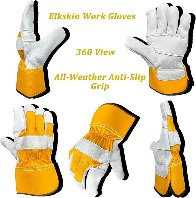 SKYDEER Premium Very Thick Wild Elkskin Leather Heavy Duty Work Gloves for Men (2 Pairs Large), All-Weather Durable & Breathable, Anti-Slip Grip for Heavy-Duty Labor, Construction, and Gardening