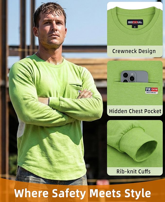 BOCOMAL FR Shirts for Summer Breathable Vented Design 6oz Heather Jersey Flame Resistant Long Sleeve Crew T Shirt