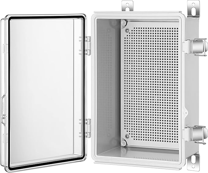 Junction Box, IP67 Waterproof Plastic Enclosure for Electrical Project, Hinged Grey Cover, Includes Mounting Plate and Wall Bracket (Transparent Cover, 11.4"×7.5"×5.5")