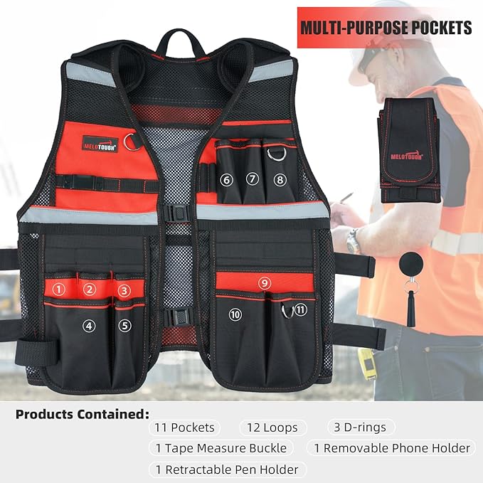 MELOTOUGH Tool Vest for Men Reflective Safety Tool Vest with Adjustable Straps,Removable Phone Holder for Electrical,Carpenters,Construction(Red)
