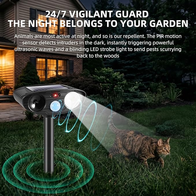 2026 Cat Deterrent Outdoor Solar Ultrasonic Animal Repellent,IP65 WaterproofDeer Repellent Devices with Motion Detection&Flash Light Rabbit Repellent for Vegetable Garden,Backyard,Lawn 4Pack