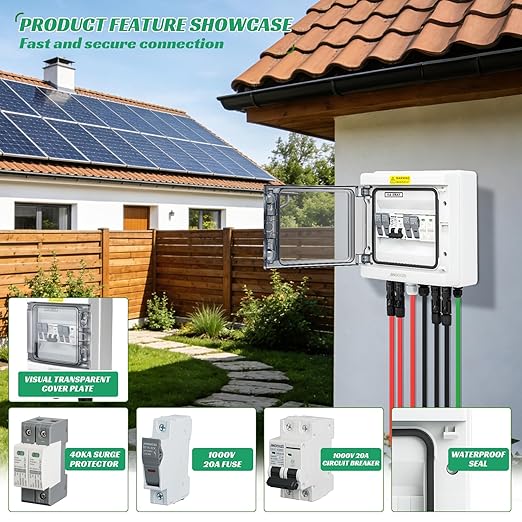 2 in 1 Out Solar Combiner Box,PV Combiner Box with 20A PV Fuse,DC 40A Circuit Breaker and Surge Protector,IP65 Solar Disconnect Switch Box for Indoor Outdoor Solar Panel System (2 in 1 Out 20A 1000V)