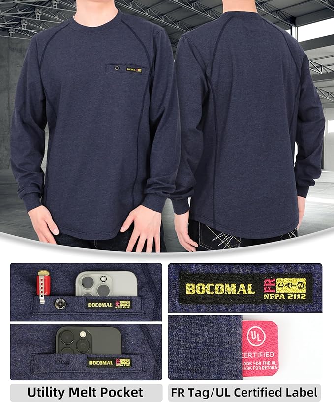 BOCOMAL FR Shirts for Men Melt Pocket Lightweight Crew T-Shirt NFPA2112/CAT2 Fire Resistant Work Shirt
