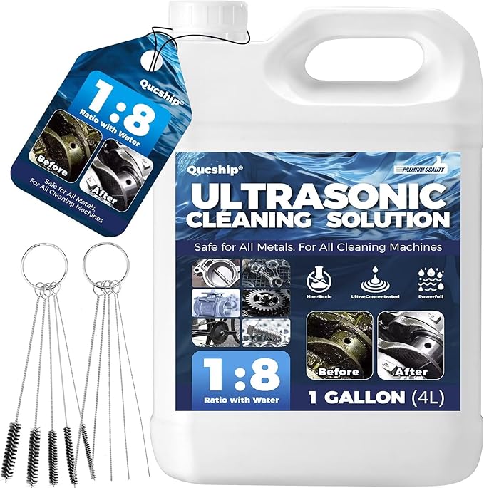 Qucship Makes 9 Gallons Concentrated Ultrasonic Cleaner Solution - Safe for All Metals Ultrasonic Carburetor Cleaner, Ultrasonic Cleaning Solution for Engine Parts, Removes Dirt & Grease (1Gallon)