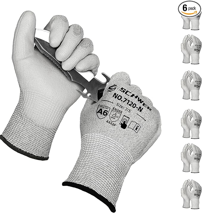 Schwer 6 Pairs Cut Resistant Gloves ANSI A6/A7 (Send Randomly) CR7120 Cut Proof Work Gloves, Touchscreen, for Men and Women Used for Woodworking, Glass Cutting, Construction, Car Repair, S