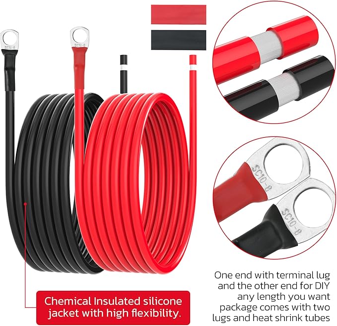 10 AWG Battery Cables 10 Gauge Solar Panel Wire Tinned Copper Extension Cable with 5/16'' Lugs for RV Solar Panel Car Automotive (10AWG 10FT)