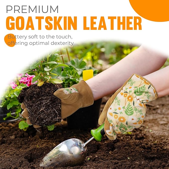 HANDLANDY Work Gloves for Women, Breathable Leather Gardening Glove for Yard Maintenance, Hand Protection with Touch Screen