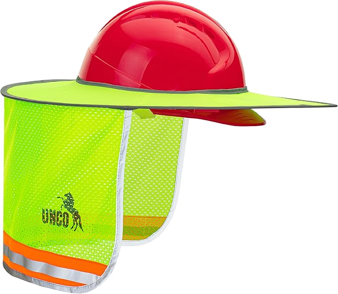 UNCO Industrial Hard Hat Sun Shield, Green, Full & Standard Brim Mesh Sunshade, High Visibility Reflective, Hard Hat Accessory