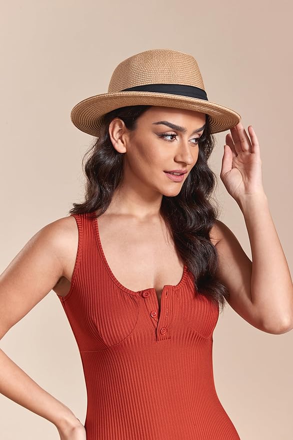 Joywant Womens Straw Fedora Beach Sun Hat, Packable Wide Brim Panama Hat for Women UV UPF50+ Summer Hat