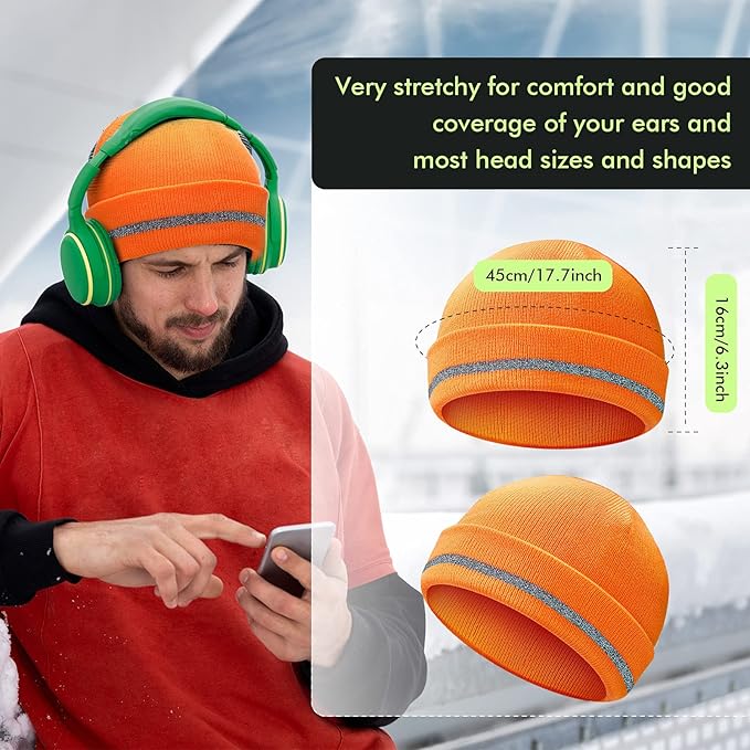Reflective Knit Hat Safety Beanies Adult High Visibility Beanie Neon Winter Knit Caps with Reflective Stripe