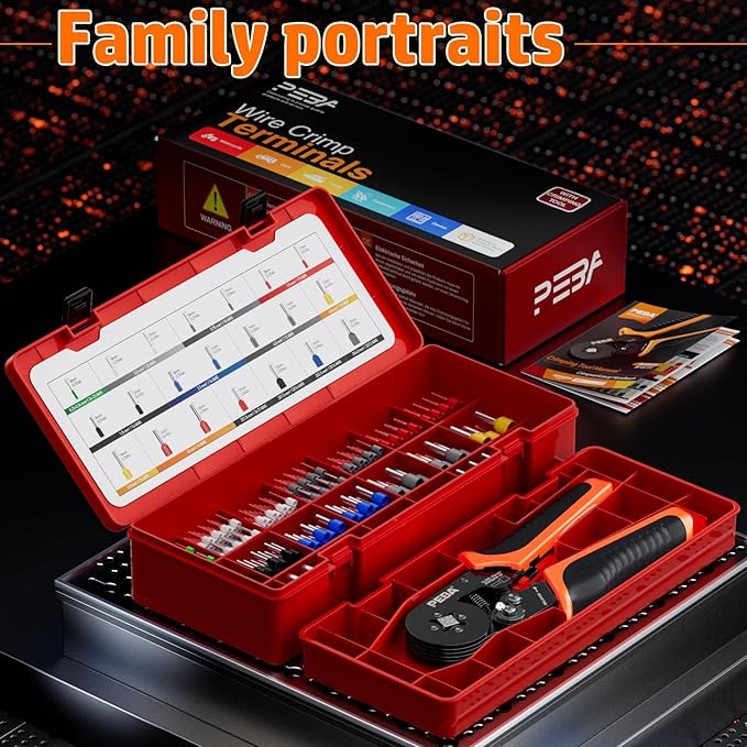 PEBA Ferrule Crimping Tool Kit, AWG 28-7 Self-Adjusting Ratchet Wire Crimper with 21 Sizes Tinned Copper Terminals (8/9/10/12mm), Square Ferrule Crimping Pliers Set for Professional Electrical Wiring