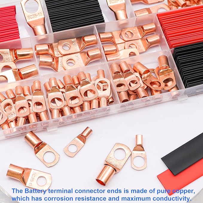 Taiss 160PCS Battery Cable Ends with Hammer Lug Crimper Tool,AWG 2/4/6/8/10/12 Gauge copper lugs assortment,Copper Wire Lugs,Copper Ring Terminals Connectors with Heat Shrink