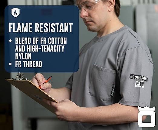 Oberon FR Arc Rated Safety Shirt For Men - Flame Resistant Cotton T-shirt - 11 Cal - Chest Pocket - Navy Blue, Gray