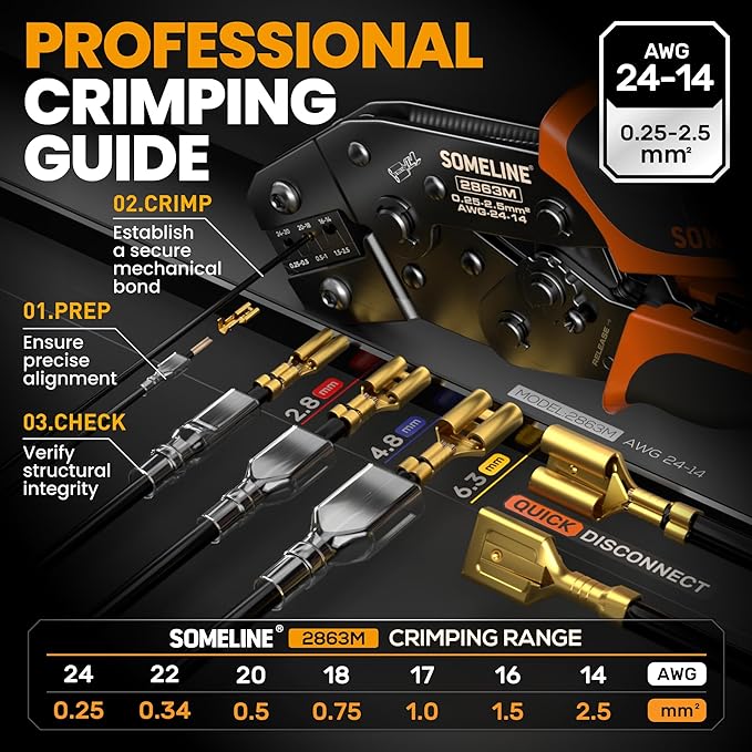 SOMELINE Spade Connector Crimping Tool Kit 24–14 AWG, 40 Types 2.8/4.8/6.3/7.8 mm Quick Disconnect Non-Insulated Connectors and Terminal Housings – Open Barrel Crimping Tool