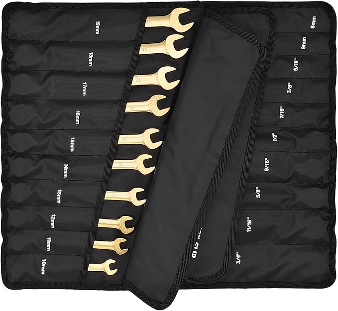 STARWORK 20 Pc. 6-Point SAE, Metric 15° Offset Vintage G-Plating Reversible Non-Slip Long Pattern Ratcheting Combination Wrench Set (5/16" -3/4" & 8-19 mm)