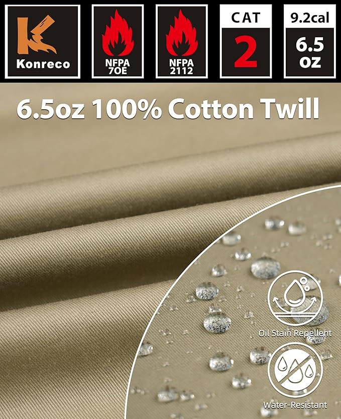 KONRECO FR Shirts for Men 6.5oz Lightweight Work Uniform Flame Resistant Welding Shirt/Water & Stain Repellent