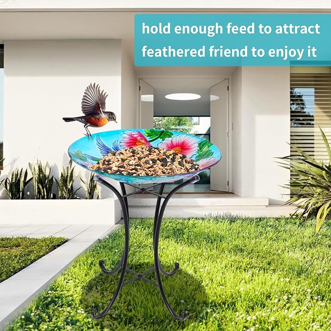 VCUTEKA Solar Birdbath Glass Bird Bath Outdoor with Metal Stand for Lawn Yard Garden Decor, Hummingbird