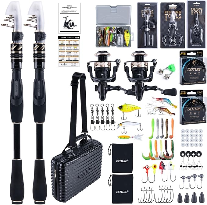 GOTURE Telescopic Fishing Rod and Reel Combos, Carbon Fiber Travel Fishing Pole, 9+1 BB Spinning Reel, Saltwater Freshwater Fishing Gear Kit with Braided Line, Lures, Carrier Bag for Bass Trout