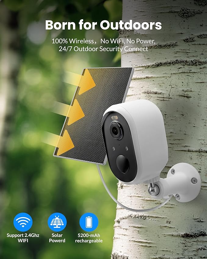 Solar Security Camera Outdoor Wireless 2 Pack, 2K Color Night Vision, Battery Powered PIR Motion Detection,2.4GHz WiFi Cameras for Home Surveillance, Light and Sound Alarm, 2-Way Audio