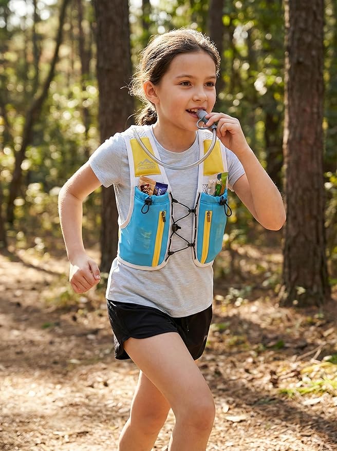 Kids Hydration Backpack with Water Bladder, USA Original Patent, Adjustable Reflective Running Vest with 8 Pockets, Lightweight Kids Hiking Backpack for Boys & Girls