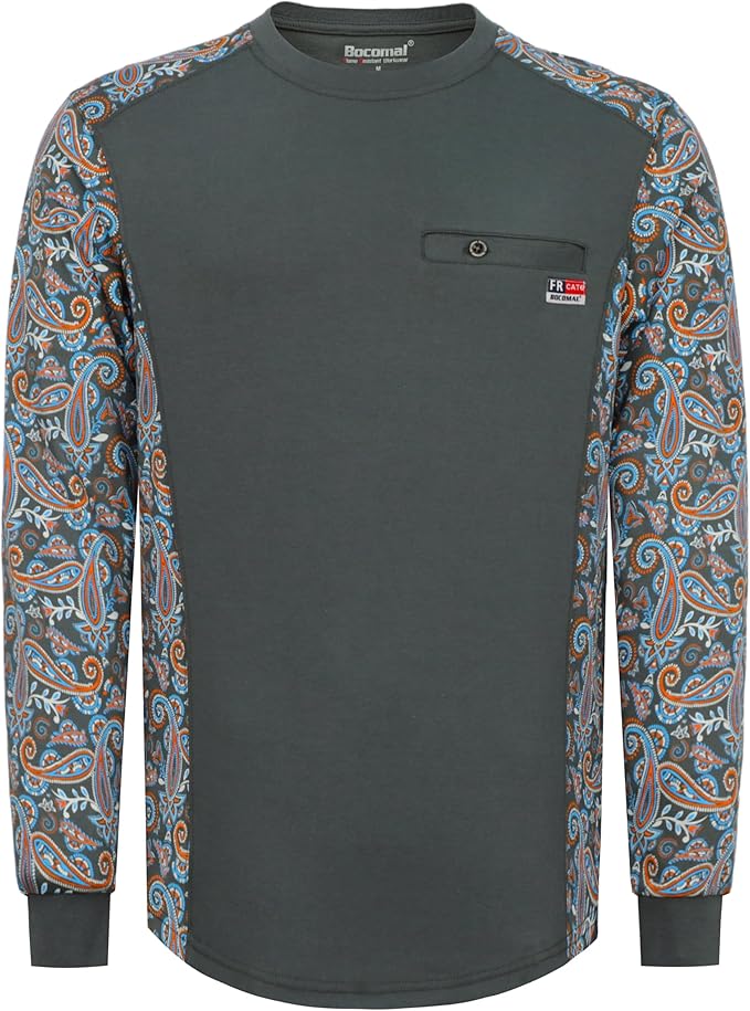BOCOMAL FR Shirts Crewneck 5.5oz Lightweight Cotton Paisley Camo Two-Tone Flame Resistant Long Sleeve CAT2 Work Shirt