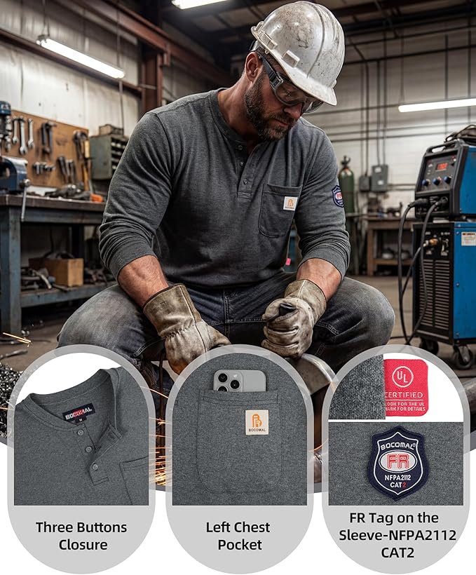 BOCOMAL FR Shirts Henley 7oz Midweight Fire Resistant Clothing NFPA2112 CAT2 Men's Flame Retardant Work Shirt