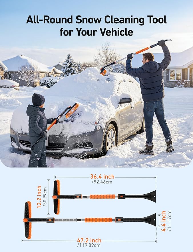 AstroAI 47.2" Ice Scrapers for Car Windshieldand Extendable Snow Brush with Foam Grip and 360° Pivoting Brush Head for Christmas Car Auto Truck SUV(Orange)