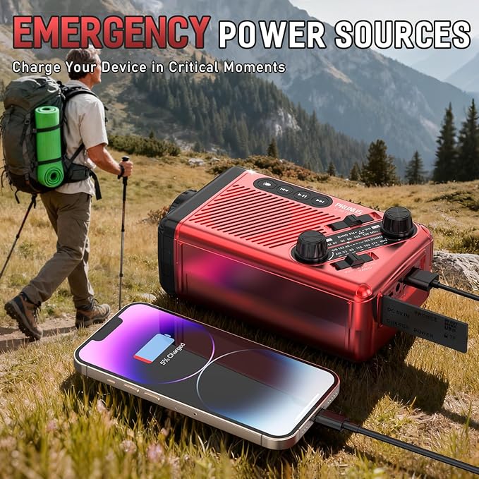 PRUNUS J-361 Emergency Weather Radio, 9250mWh Power Bank,AA Batteries/Hand Crank/Solar/USB Charging, NOAA/AM/FM, LED Flashlight,SOS Alarm & Flashlight, 1 Pack