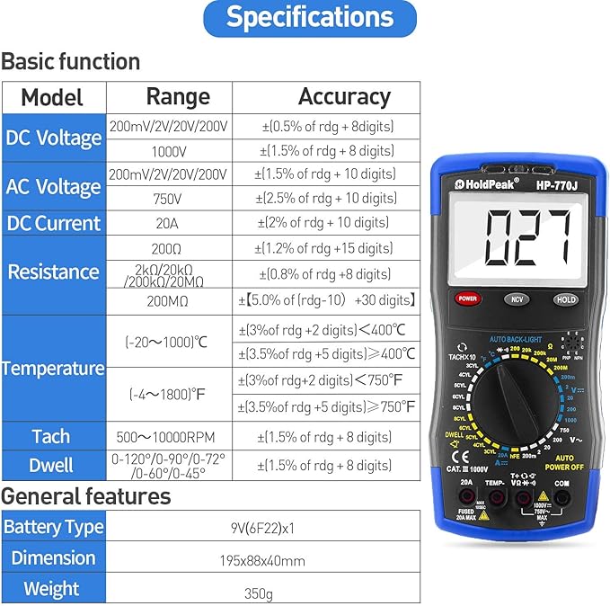 Digital Multimeter HP-770J Automotive Multimeter Engine Analyser Manual Ranging NCV Multi Tester Voltmeter Measure Voltage+Current+Resistance+Temp+RPM+Dwell Angle with Data Hold+Backlight+Auto Off+℃/℉