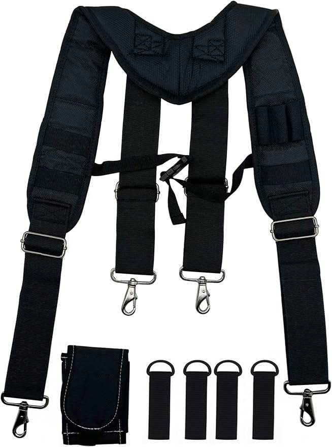 Tool Belt Suspender for Men 4 Point Padded with Attachment Loops, WristBand Pouch Pocket for Construction Worker