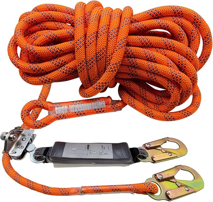 Fall Protection Rope for Roofing Tree Climbing, 50ft Harness Safety Lanyard, Vertical Rope with Grab Snap Hooks Shock Absorber Safety Equipment Orange
