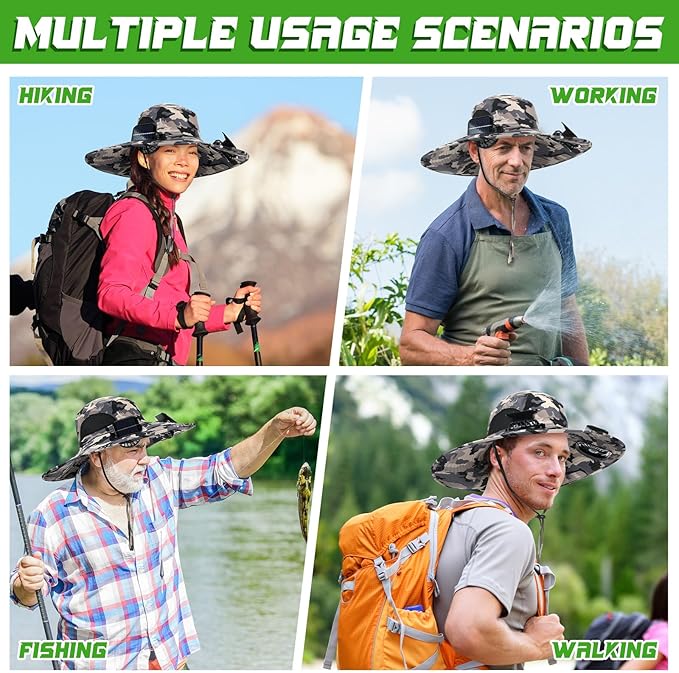 Berlune Men Sun Hat with 2 Solar Fans Wide Brim Outdoor Fishing Hat USB & Solar Powered for Sun Protection Camping Hiking