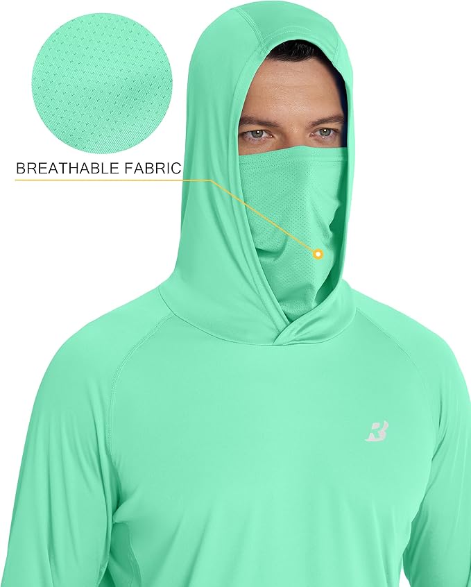 Roadbox Men's UPF 50+ Hooded Fishing Shirts Long Sleeve Sun Protection Hoodie, Hiking Running Swimming Rash Guard with Mask
