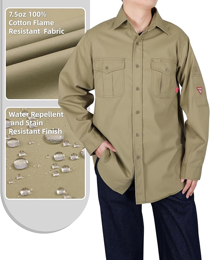 TICOMELA Men’s Mid-Weight FR Welding Shirt, 7.5oz 100% Cotton NFPA 2112 CAT2 – Flame-Resistant Button-Down Work Shirt