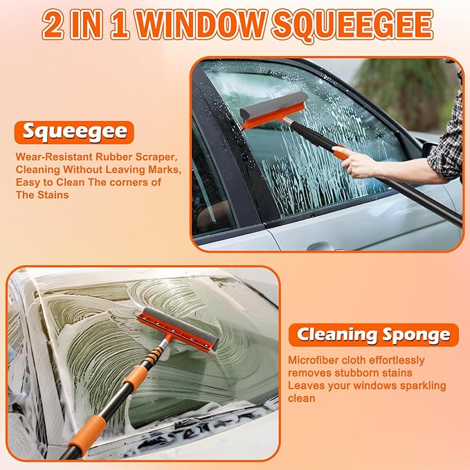 16FT Car Wash Brush with Long Handle, Car Cleaning Brush Kit with Soft Bristle Brush, Window Squeegee, Microfiber Mop, Wheel Brush, Mitt for Cleaning Truck, RV, Boat, Solar Panels