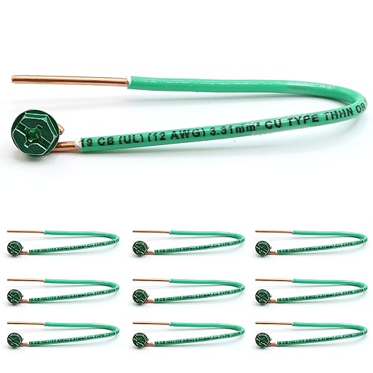 (Pack of 10) 12 AWG Solid Copper Ground Wire with Green Ground Screws – 6.5" Edge-Stripped Grounding Wire, 5/8" Strip, 10-32 x 3/8" Captive Green Screws for Electrical Boxes