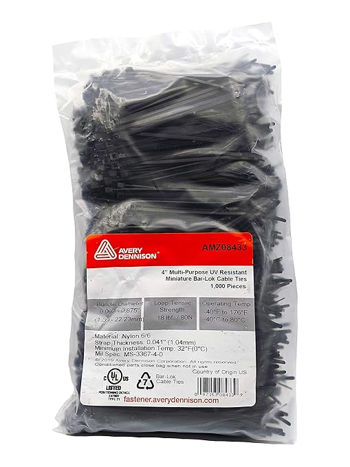 Bar Lok 4” Zip Ties – 1000 Pieces, Black – Made in America – Weather, UV & Impact Resistant Plastic Cable Ties for Binding Bundling & Organizing Wire Cable & More – Indoor & Outdoor (4", 1000ct)