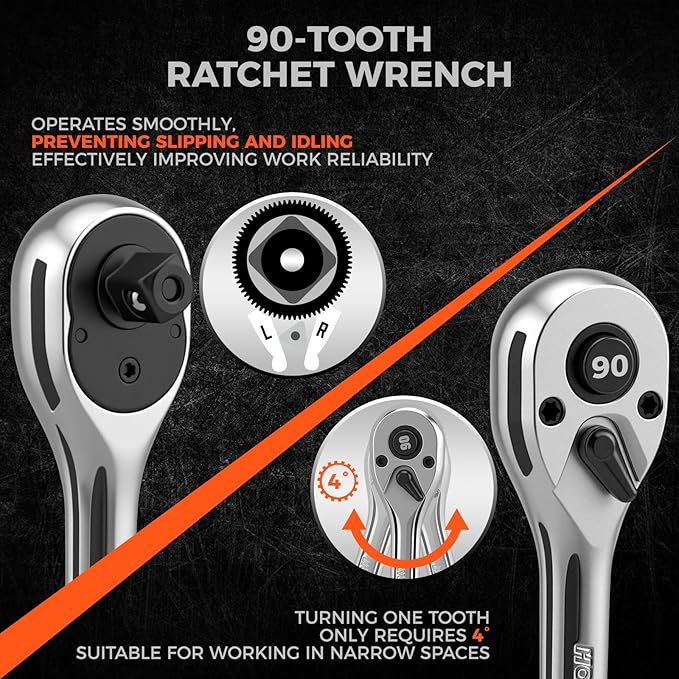 HORUSDY 1/2" Drive 90T Quick-Release Ratchet Handle, Reversible Chrome Alloy Socket Wrench with 1/2" to 3/8" Adapter, Durable and Comfortable for Automotive, DIY, Industrial and Bicycle Repairs