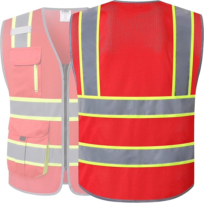 JKSafety 9 Pockets Hi-Vis Mesh Safety Vest for men and women | Chaleco reflectante de seguridad | Zipper Front | Multiple Pockets | Class 1 (140-Red M)