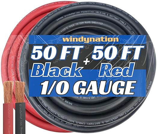 WNI 1/0 Gauge 50 Feet Black 50 Feet Red 1/0 AWG Ultra Flexible Welding Battery Copper Cable Wire - Made in The USA - Car, Inverter, RV, Solar