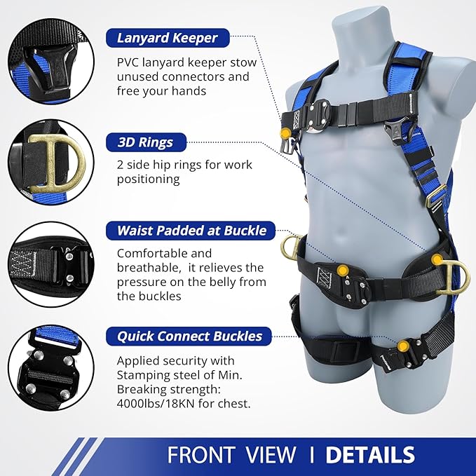 TRSMIMA Safety Harness Fall Protection - Roofing Harness Kit Men Full Body Construction Harness with Lanyard for Work Upgrade 4 Quick Buckles