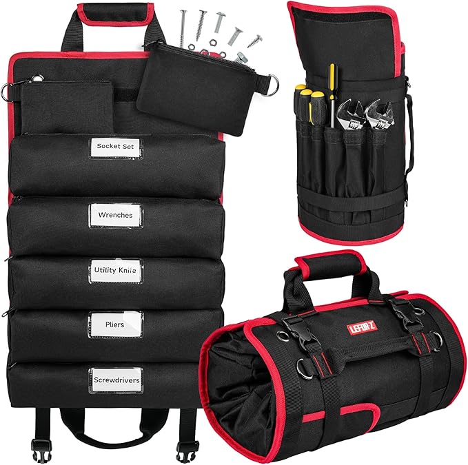 Tool Bag,Large Roll Up Tool Bag Organizer,13 Pockets Tool Roll Storage Pouch,Heavy Duty Portable Tool Storage Carrier Bag for Men,Mechanic,Electrician,Valentines Day Gifts for Men,Black/Red