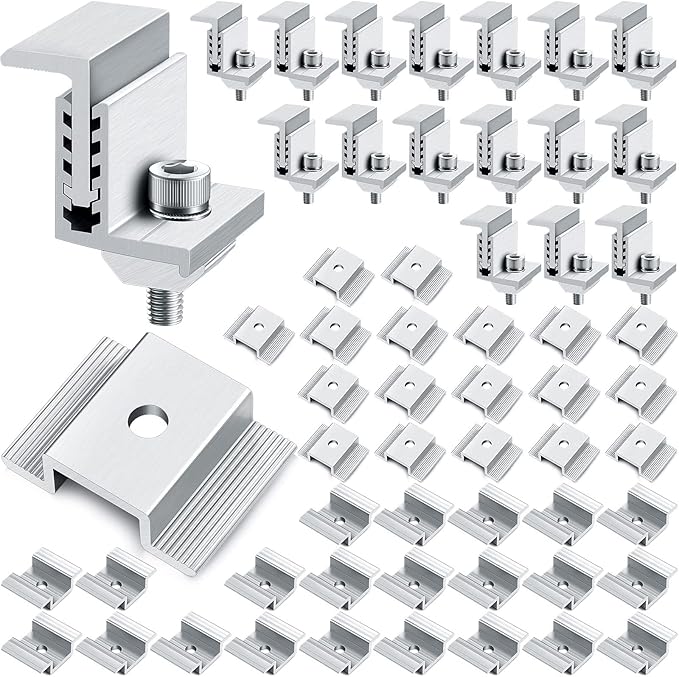 1.06 Inch Solar Panel Bracket Aluminum Solar Mid Clam with Mounting Brackets 32-50 mm Clamps Adjustable End Panel Clamps(56 Pieces)