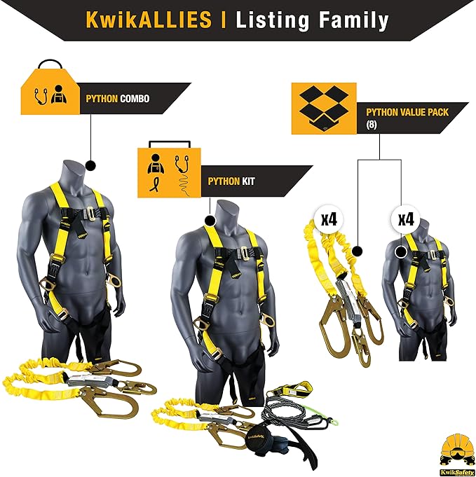 KwikSafety - Charlotte, NC - Python [4 Pack] External Shock Absorber Double Leg 6ft Safety Lanyard OSHA ANSI Fall Protection Restraint Equipment Hook Connectors Construction Arborist Roofing